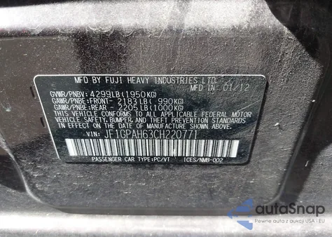 2012 Subaru Impreza 2.0I Limited z USA, uszkodzony, nr VIN JF1GPAH63CH220771